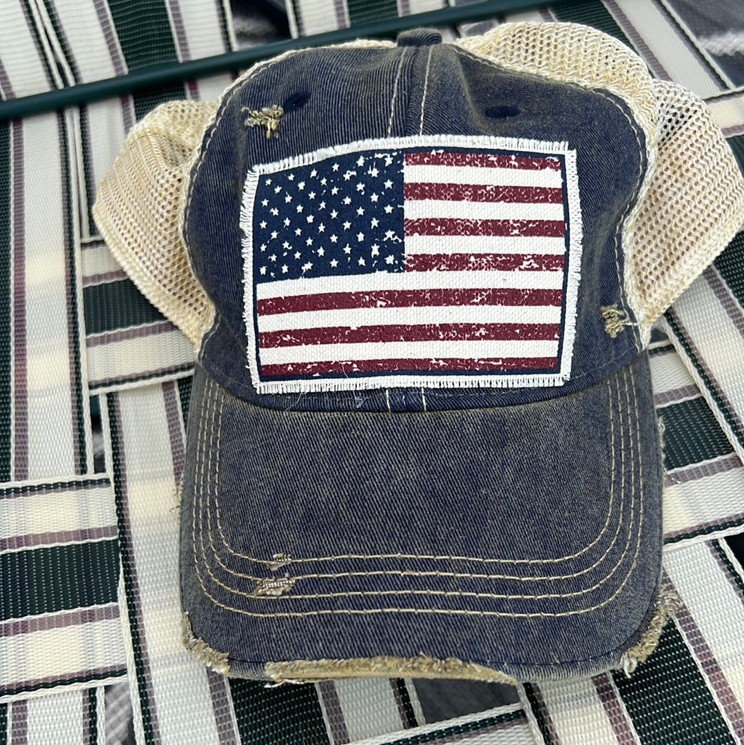 Distressed Trucker Hat Denim Blue USA Flag