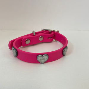 Vegan Leather Dog Collar Hot Pink with Silver Sparkle Heart