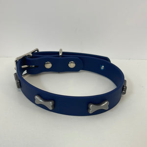 Vegan Leather Dog Collar Navy with Silver Bone