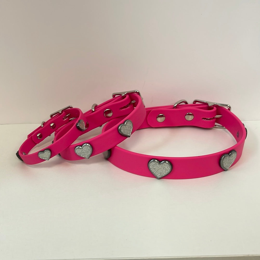 Vegan Leather Dog Collar Hot Pink with Silver Sparkle Heart