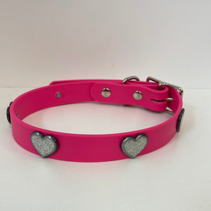 Vegan Leather Dog Collar Hot Pink with Silver Sparkle Heart